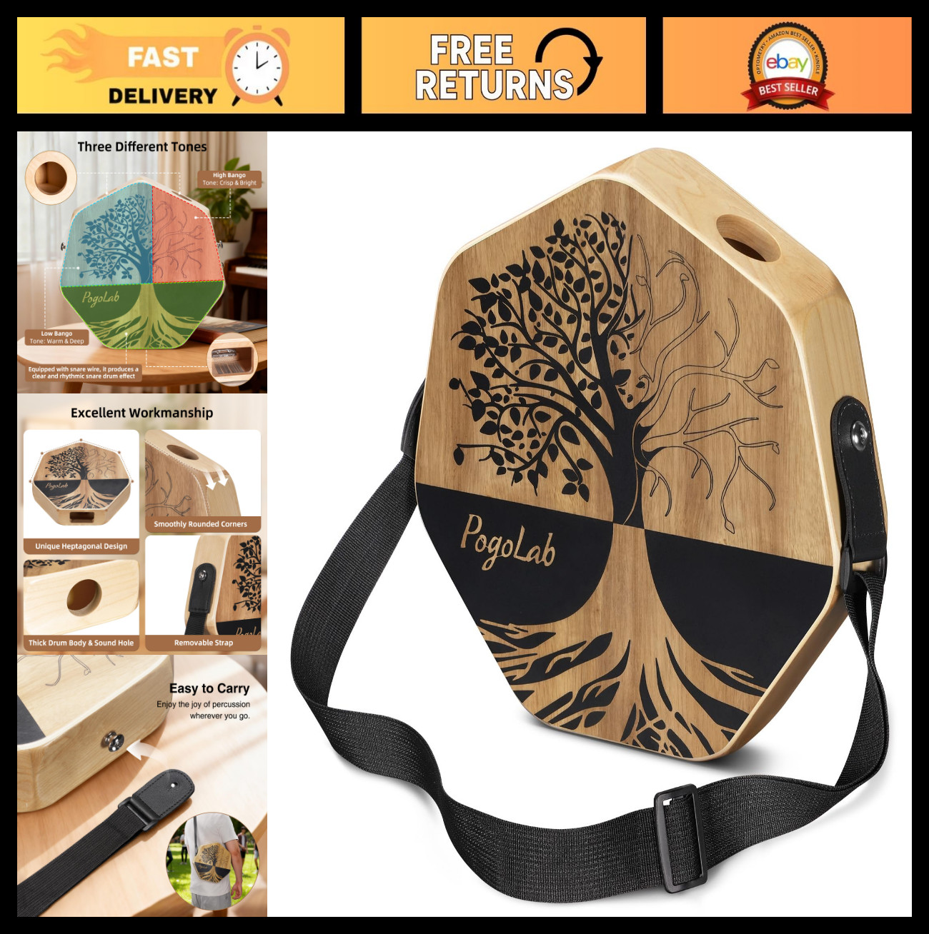Three-Tone Portable Cajon Drum Box with Adjustable Strap - Unique Design, Easy t