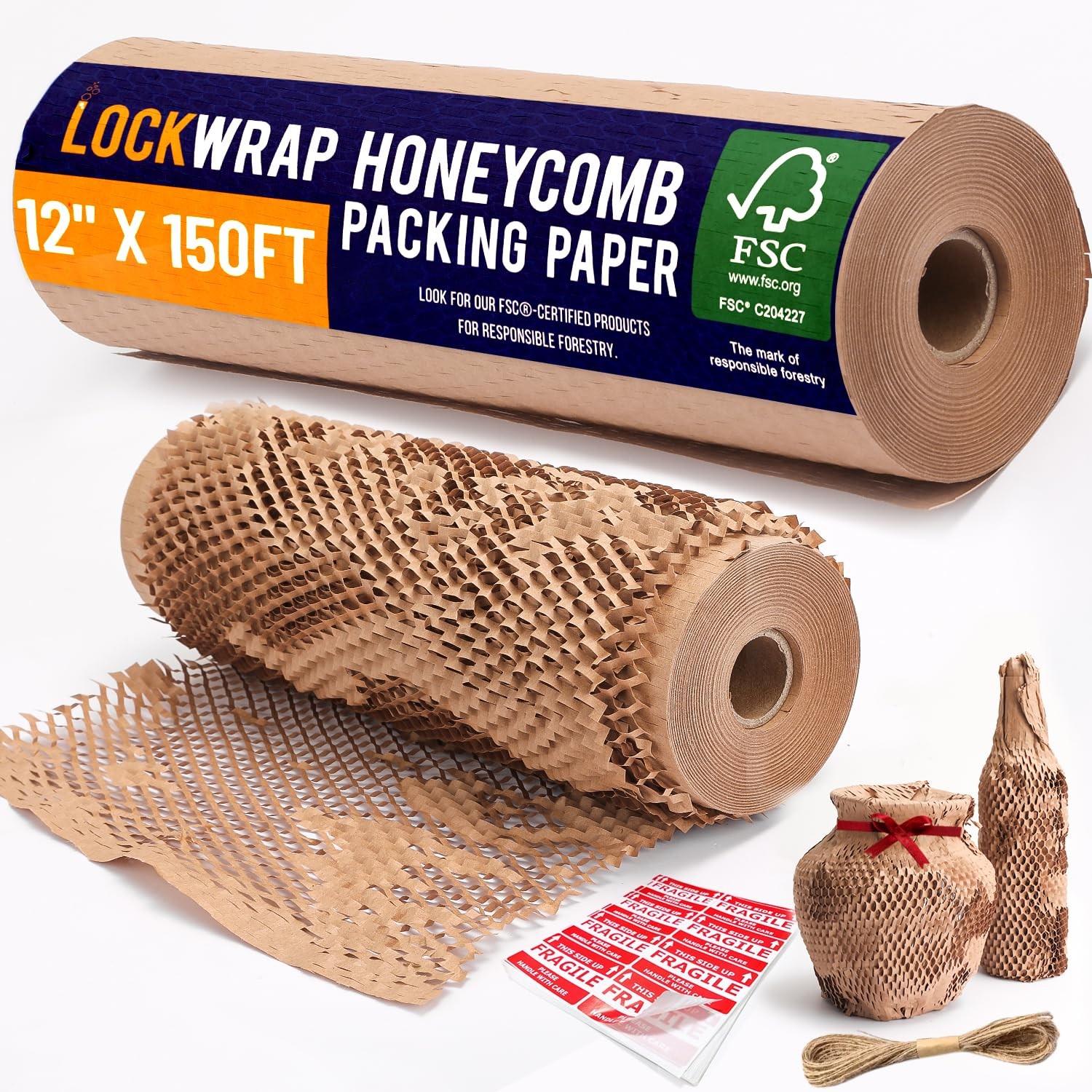 Honeycomb Packing Paper 12" x 150ft with Rope & 20 Fragile Stickers|Shipping ...