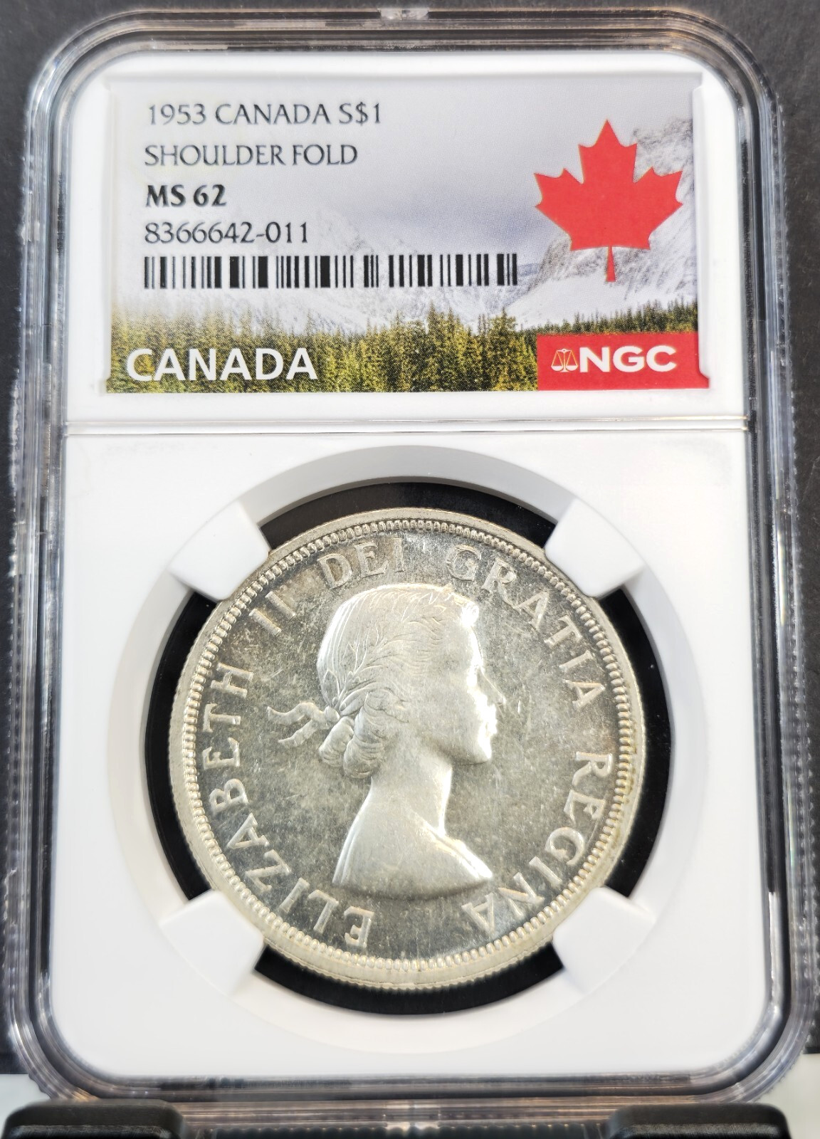1953 CANADA SILVER 1 DOLLAR ELIZABETH II SHOULDER FOLD NGC MS 62 BEAUTIFUL COIN