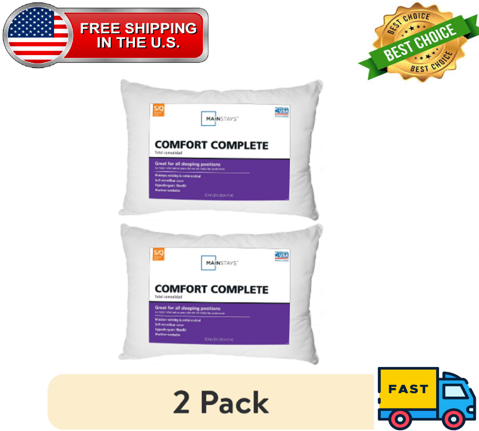 (2 pack) Mainstays Comfort Complete Bed Pillow, Standard/Queen