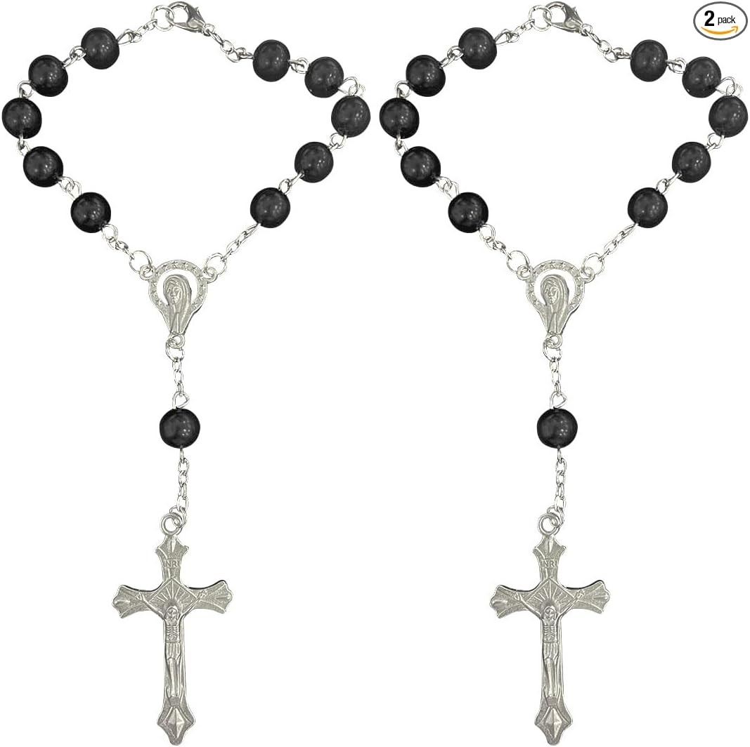 2PCS Rosary for Rearview Mirror, Black Rosary Pendant Car Interio Color: Black