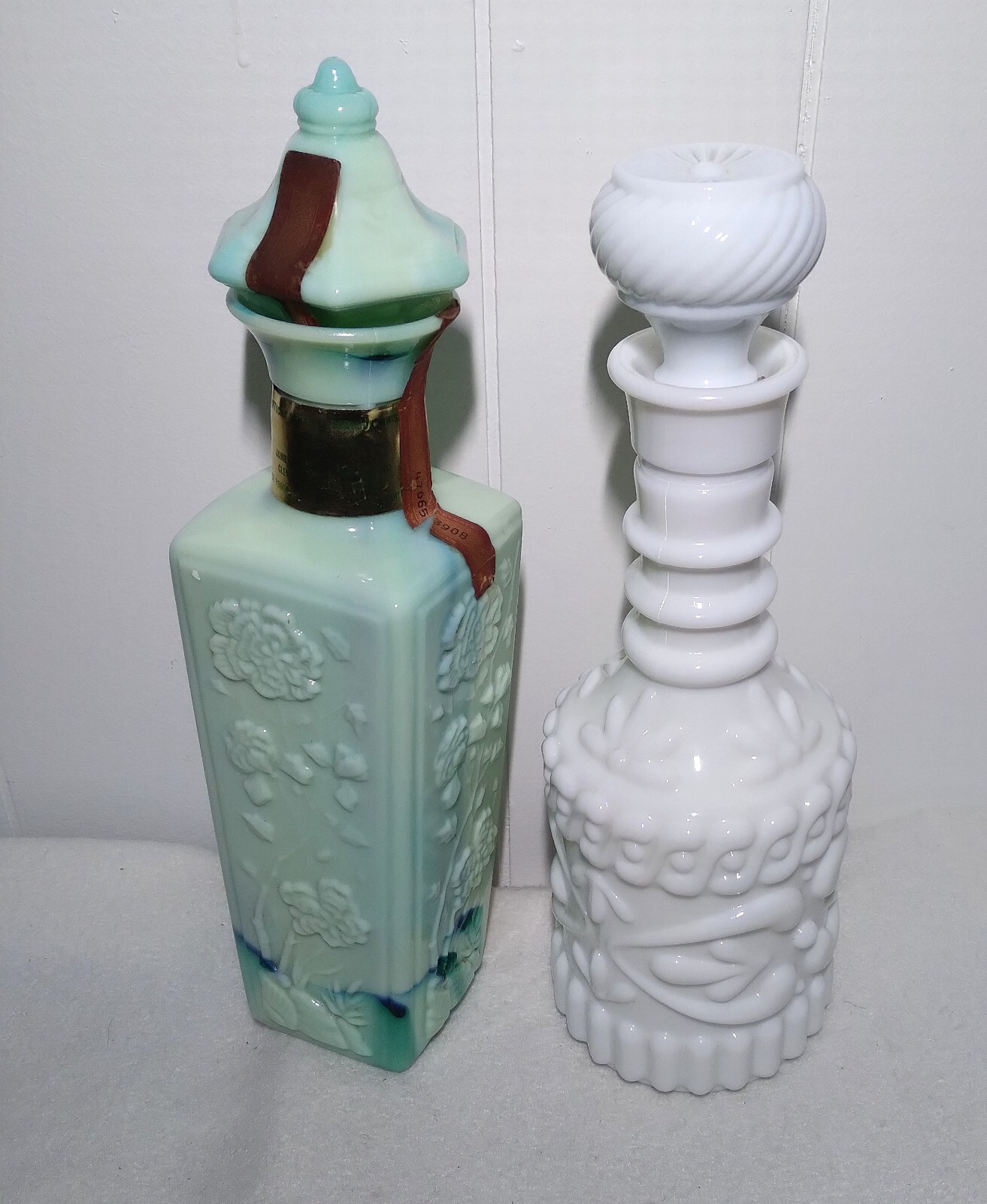 2 Vintage Slag Glass Decanters Empty Jim Bean Royal Jade &  White 11" Tall
