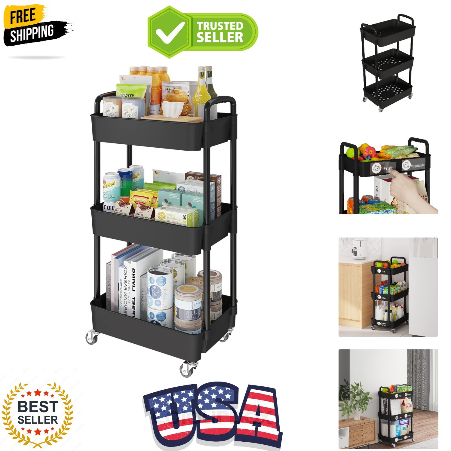 3-Tier Storage Carts,Multifunction Utility Rolling Cart Kitchen Storage Organ...