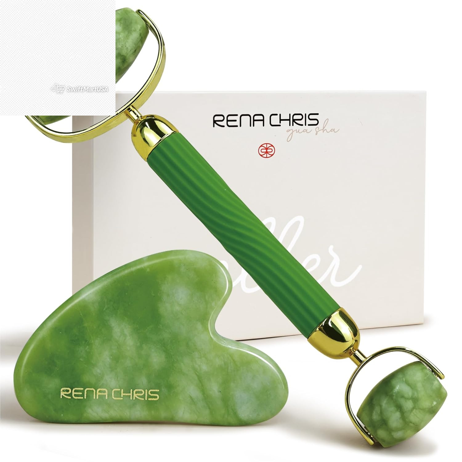 Rena Chris Jade Face Roller Gua Sha Set Anti Aging Wrinkle Puffiness Skin Care