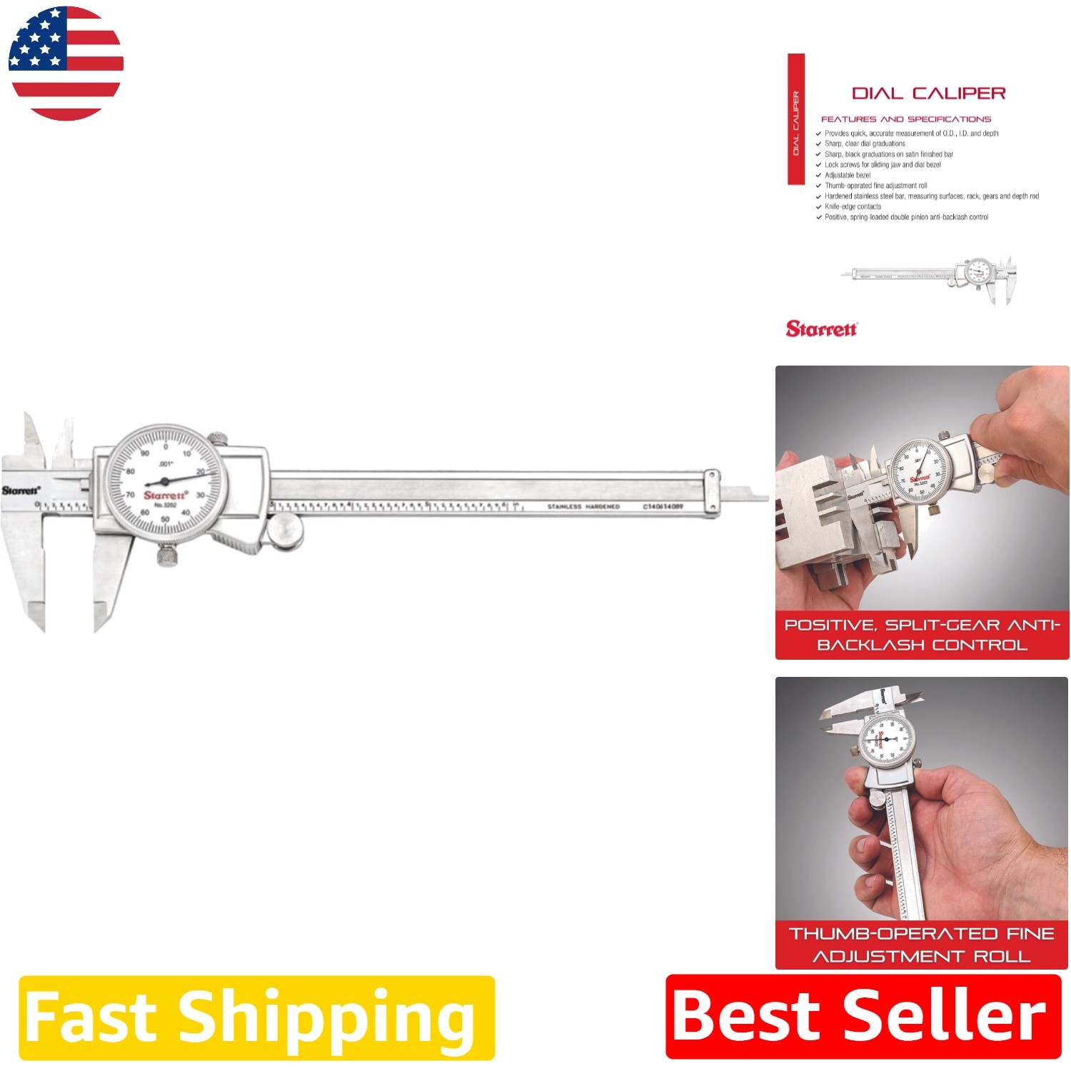6" Dial Caliper, Stainless, .001" Accuracy, Anti-Backlash, Fitted Case