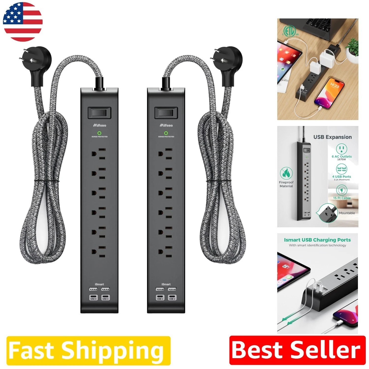 15ft Power Strip 2-Pack: 6 Outlets, 4 USB Ports, Flat Plug, 900J Surge