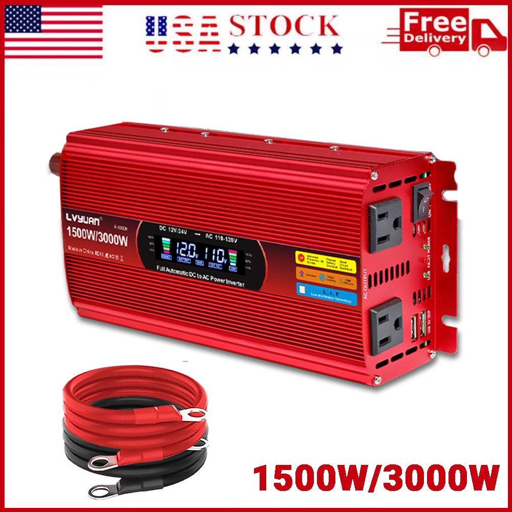 1500W 3000W Power Inverter DC 12V to AC 110V With 2AC 2USB & LCD Display Camping