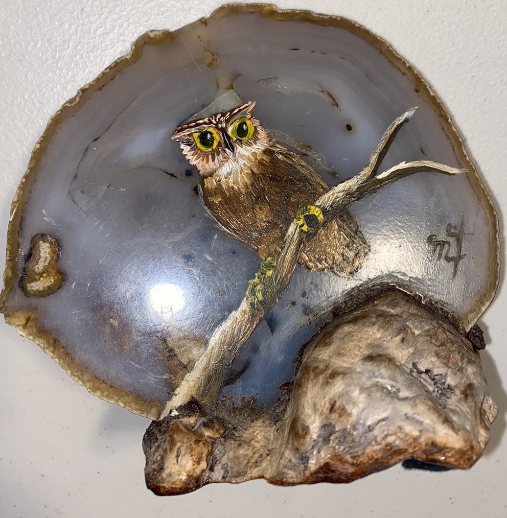 Vintage OWL Painting on Slice Agate w/ Driftwood Base Artist Signed MT