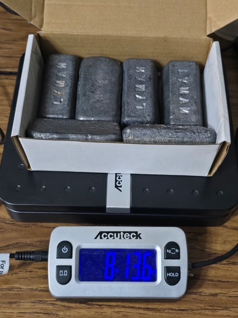 VINTAGE LYMAN LEAD INGOTS, LOT OF 6 INGOTS OVER 8 LBS