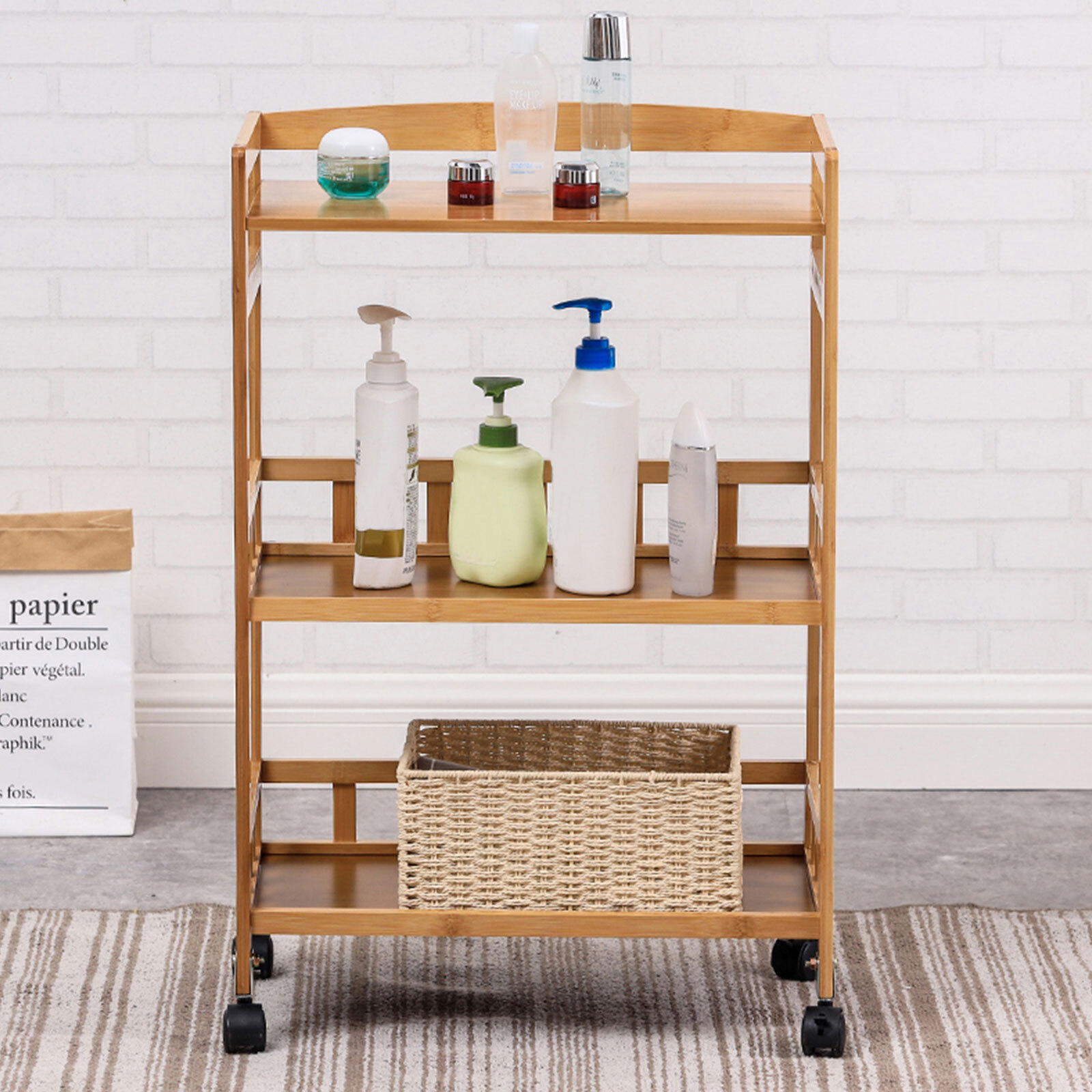 Kitchen Mobile Rolling Serving Cart Storage 3 Tiers Standing Wood Color