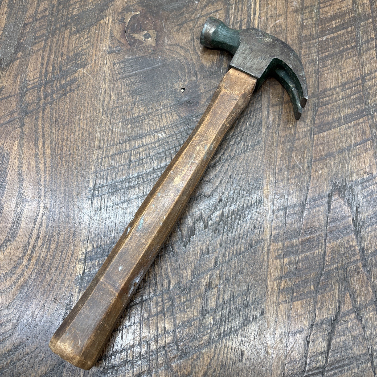 Vintage Wooden Claw Hammer Octagon Handle Round Head Carpenter 12.5”
