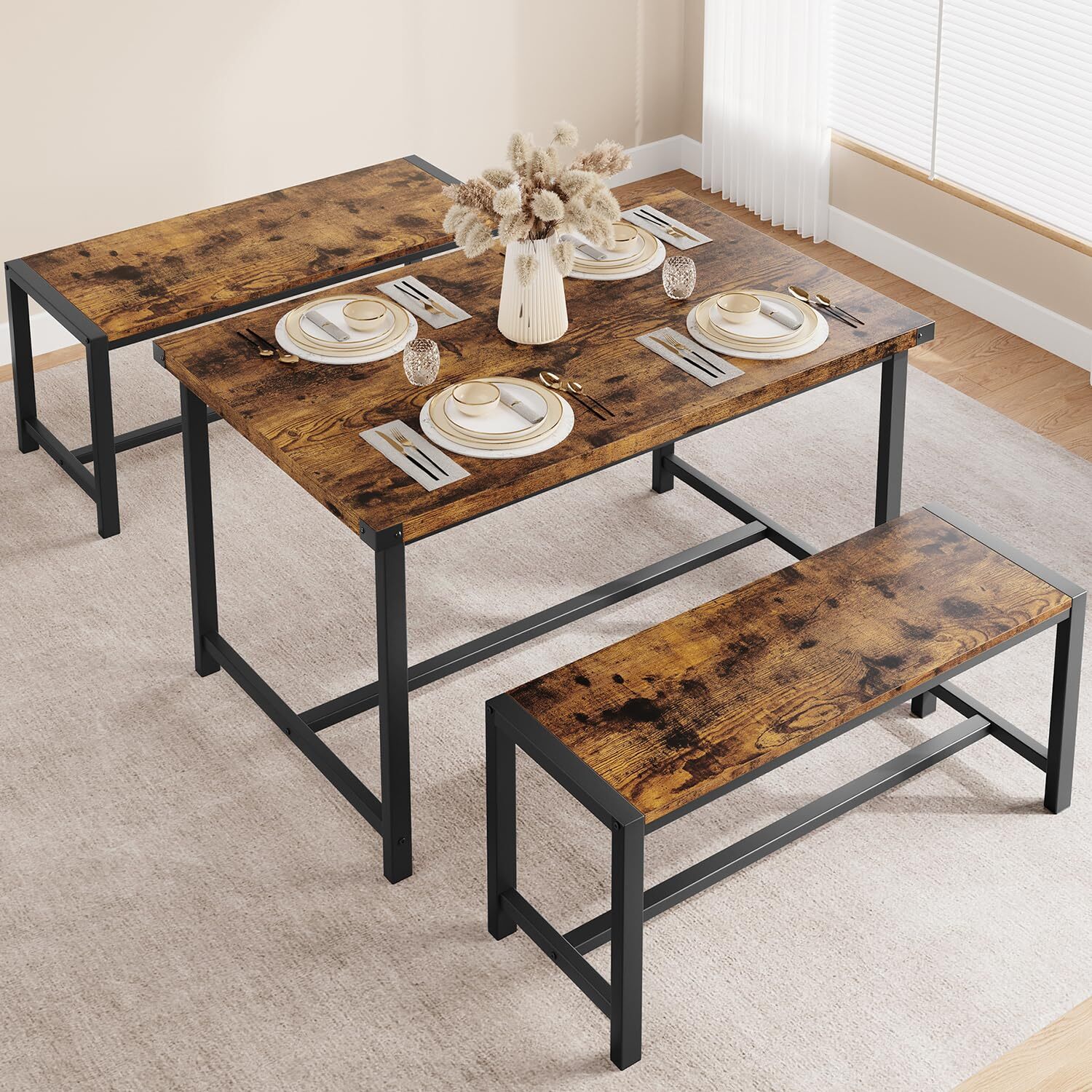 3 Piece Dining Table Set for 4 ,Rectangular Kitchen Table and 2 Benches Dinette