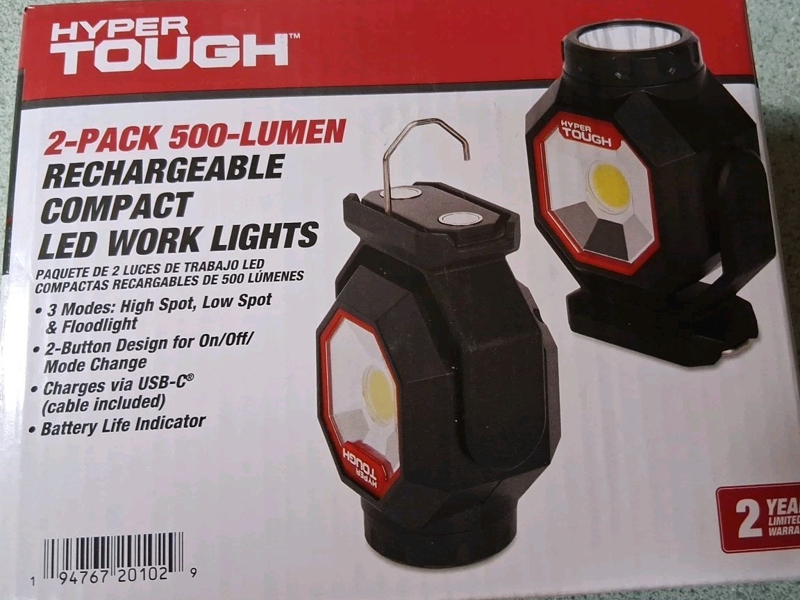 HyperTough 2-pack 500 Lumen Portable Rechargeable Compact LED Work Lights.