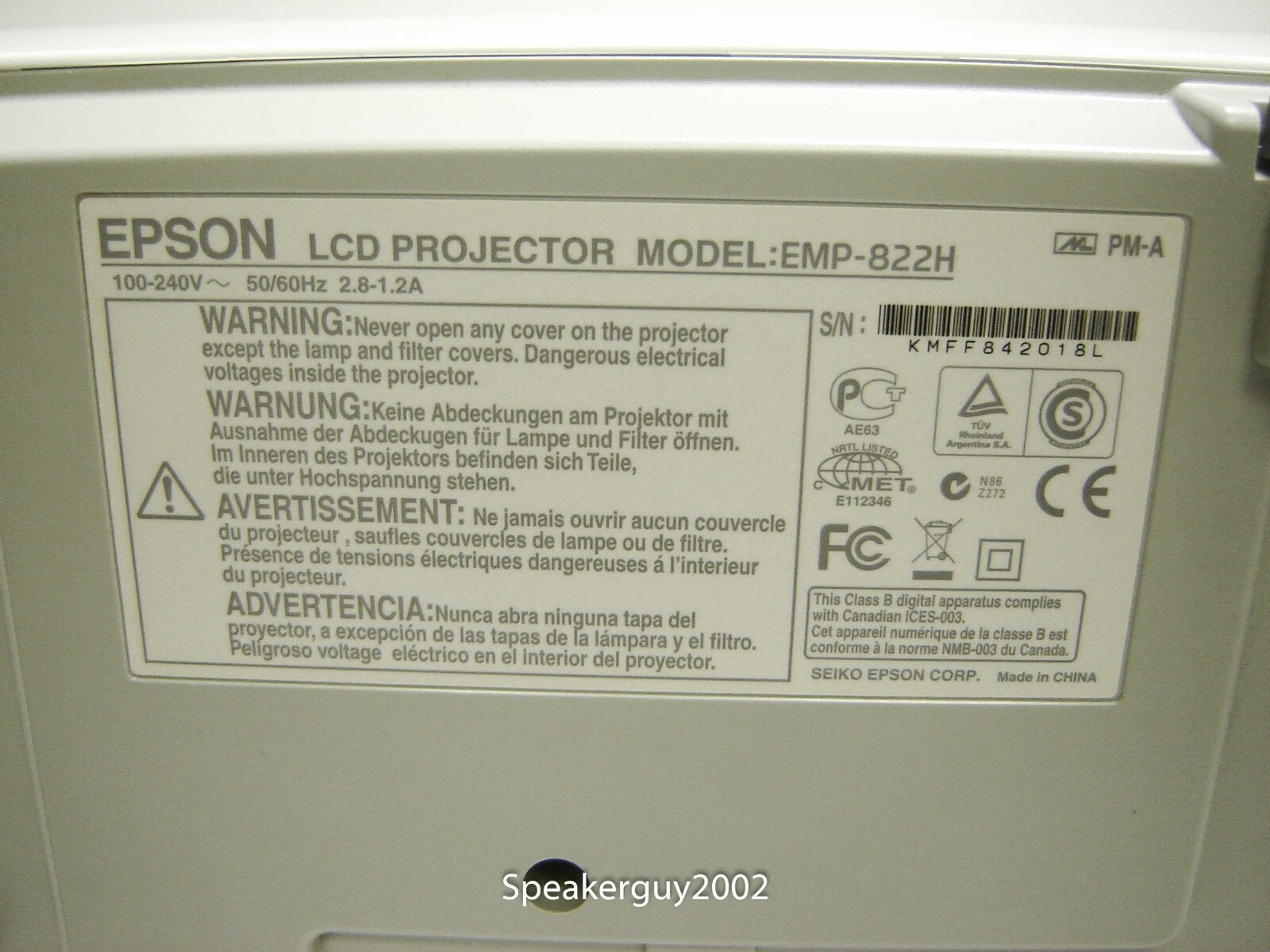 Epson PowerLite 822+ Projector / EMP-822H / 842018L -- CC