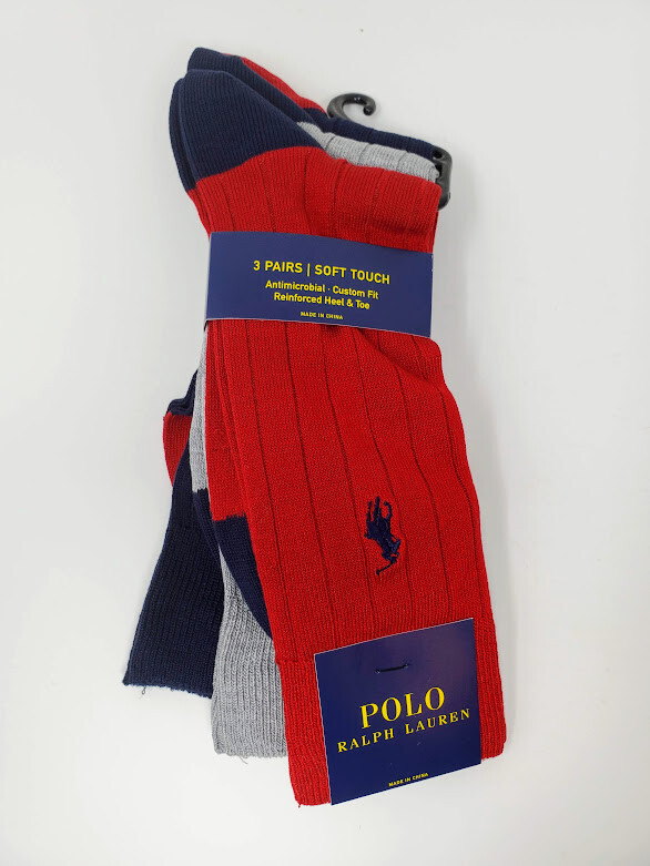 Polo Ralph Lauren Mens Dress Soft Touch Ribbed Heel Toe Crew 3 pack Socks 10-13