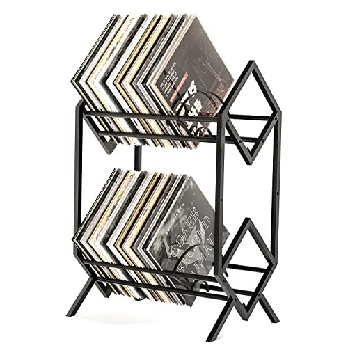 2-Tier-Vinyl-Record-Storage-Holder With Dividers, 200 LPs Albums 2 Tier Black