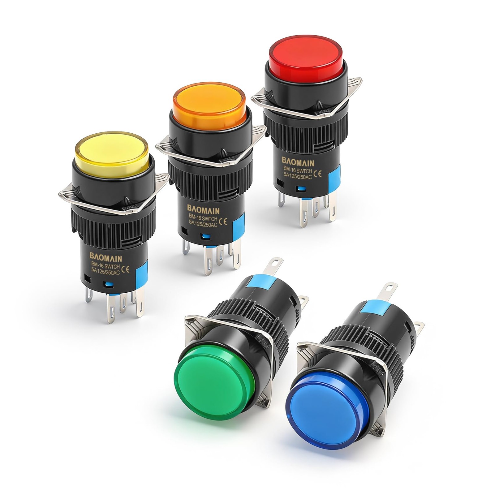 5-Pack 16mm (5/8") 24V DC Momentary Push Button Switch with LED,5-Colors (Red...