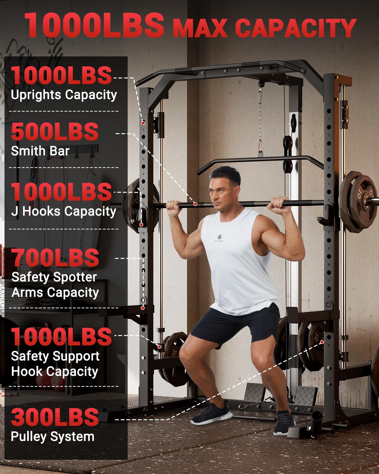 Smith Machine Power Cage w/ Barbell Bar, Cable System, LAT Pulldown for Home Gym