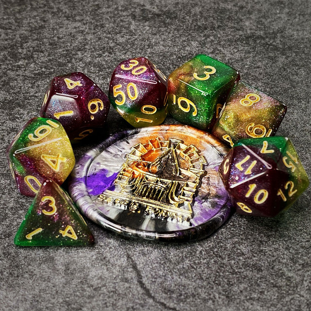 Sage's Shards - Grn/Lime/Purp Glitter Polyhedral Dice Set RGP Dungeons Dragons