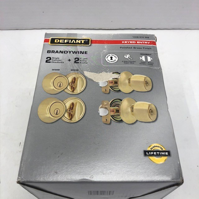 Defiant Deadbolt & Keyed Entry Door Knob Sets (2) Brandywine Polished Brass NIOB