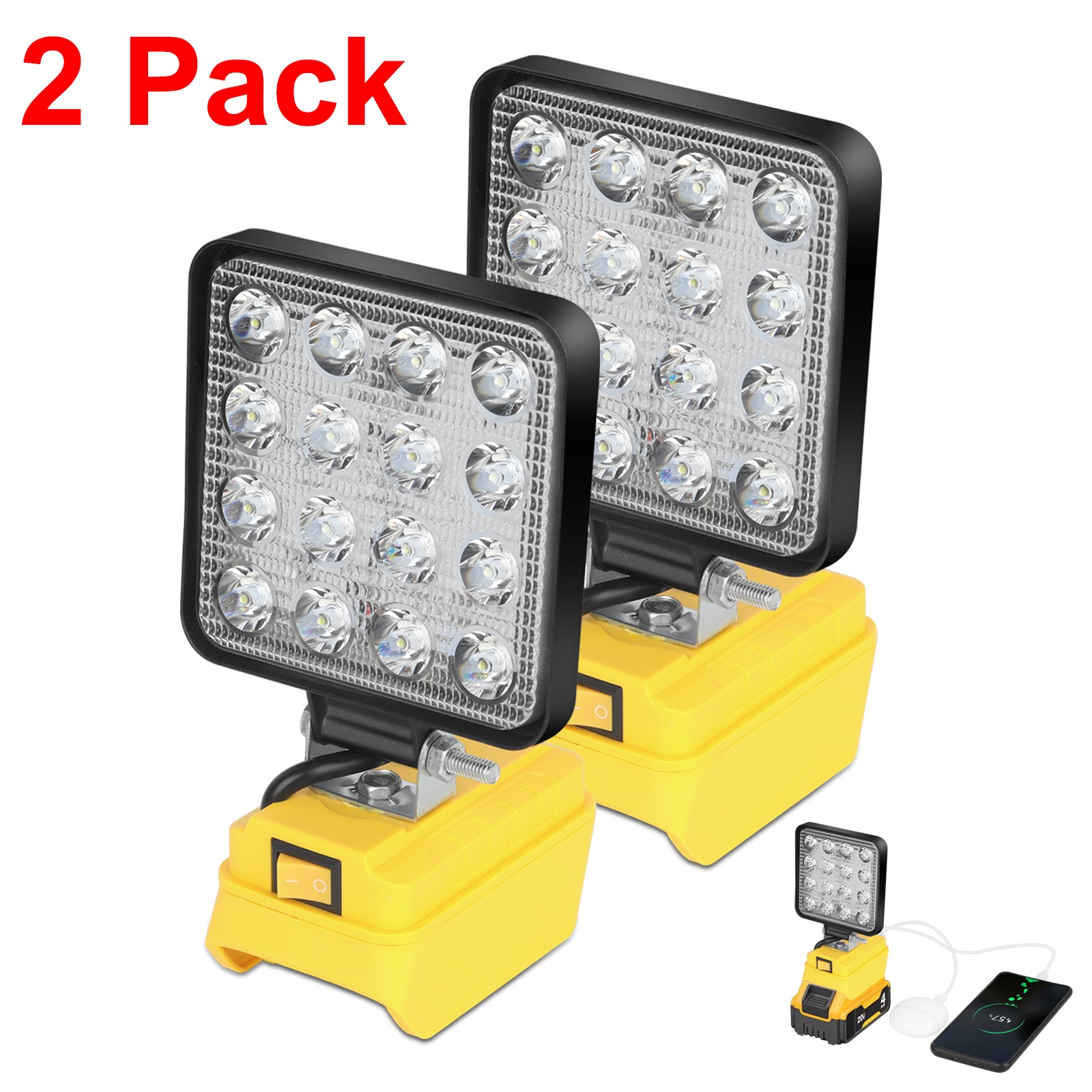 2 Pack 60W LED Work Light Flashlight for De walt 20V Battery 6000LM