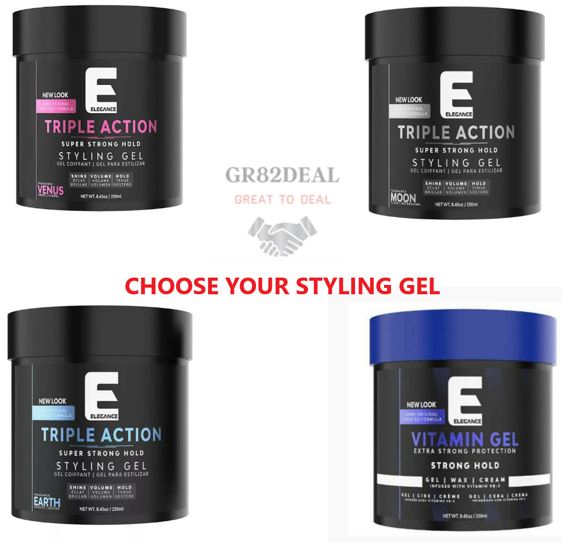 Elegance Triple Action Super Strong Hold Gel 8.45oz Venus, Moon, Earth, Vitamin