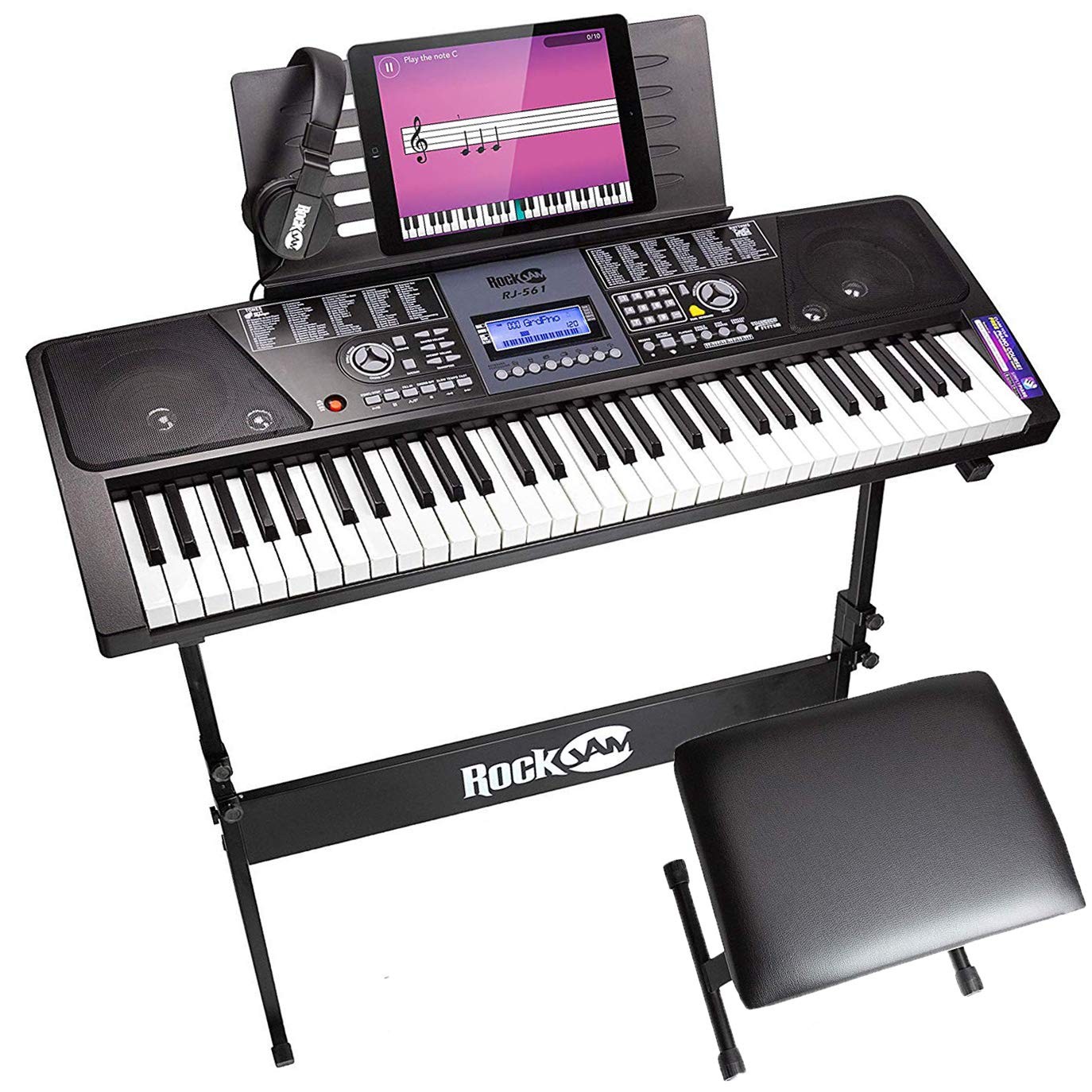 RockJam 61~Key Keyboard Piano Kit with Stand, Stool, Headphones & Lessons