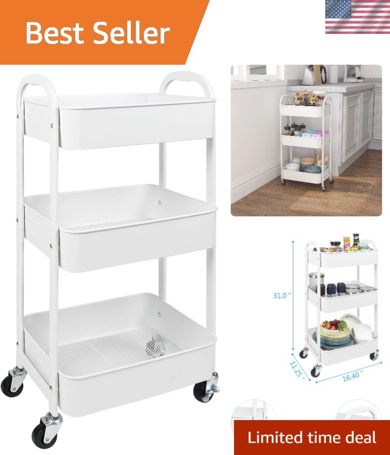 Versatile Rolling Utility Cart - 3-Tier Design with Wheels for Kitchen & Bath