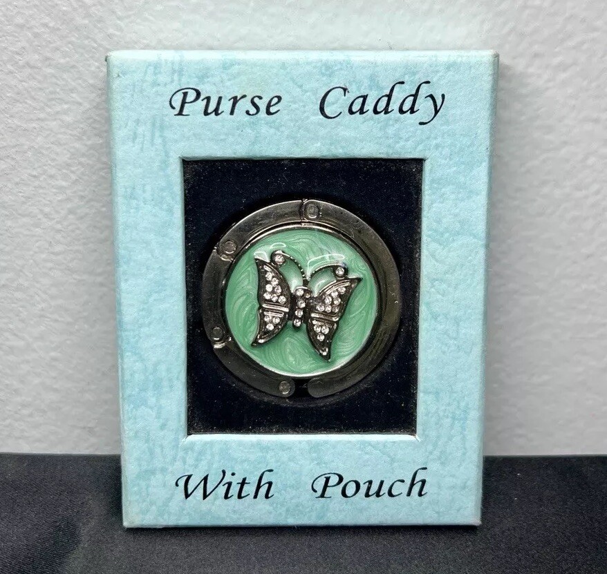 Purse Handbag Caddy Holder Hook Accessory Butterfly w/ Rhinestones Green Silver