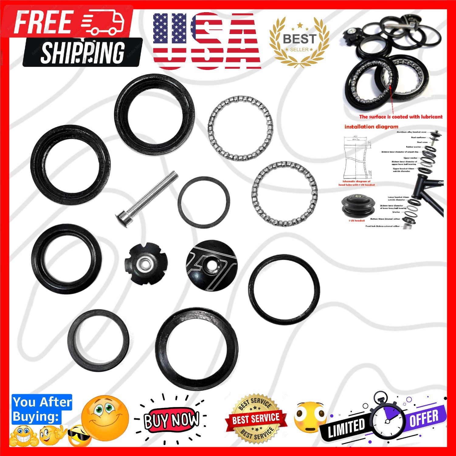 1-1/8" Heavy Duty Headset Top Cap Bearings, 34mm/ 44mm Diameter Threadless St...