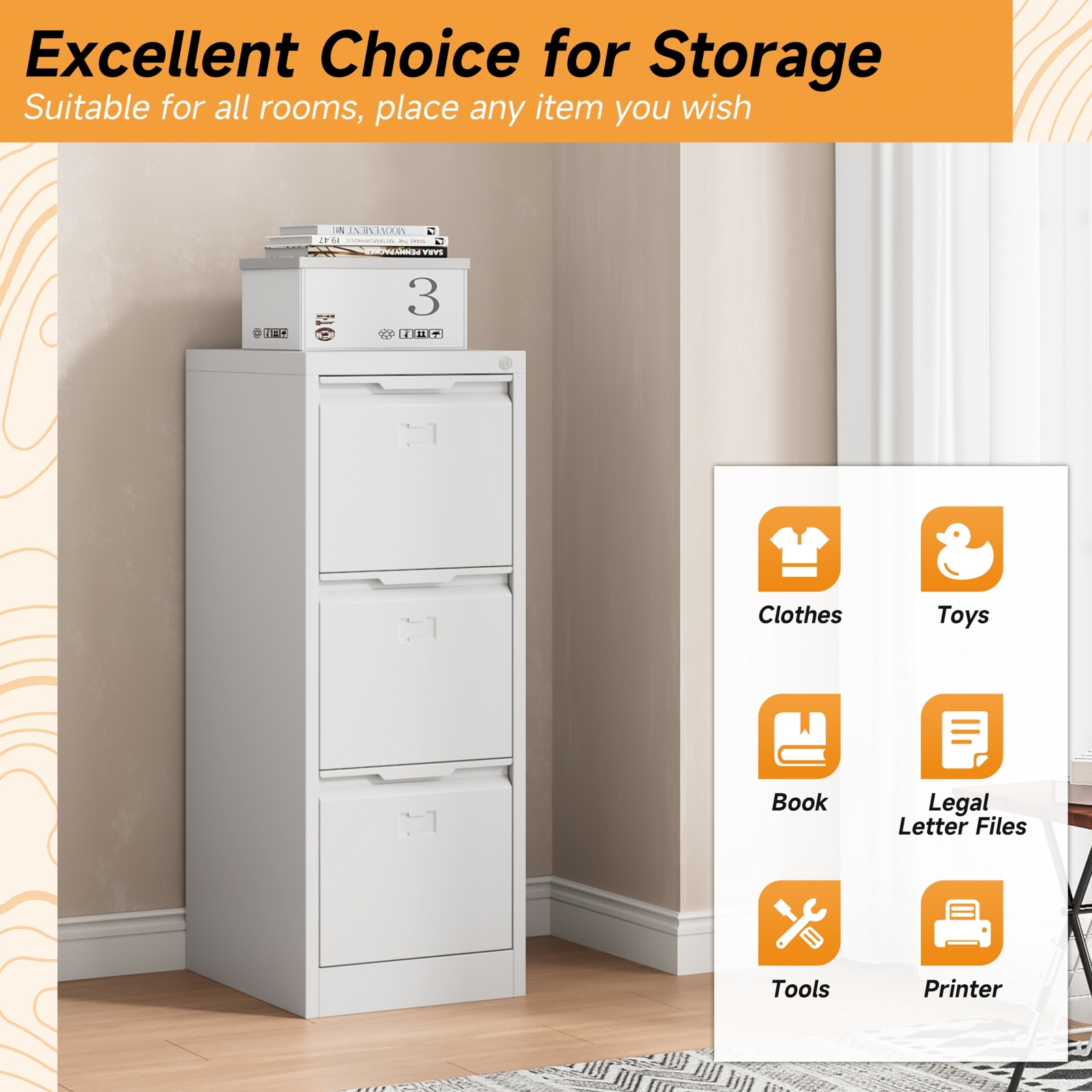 3-Drawer Filing Cabinet Vertical File Cabinet Lockable Office Storage Drawers