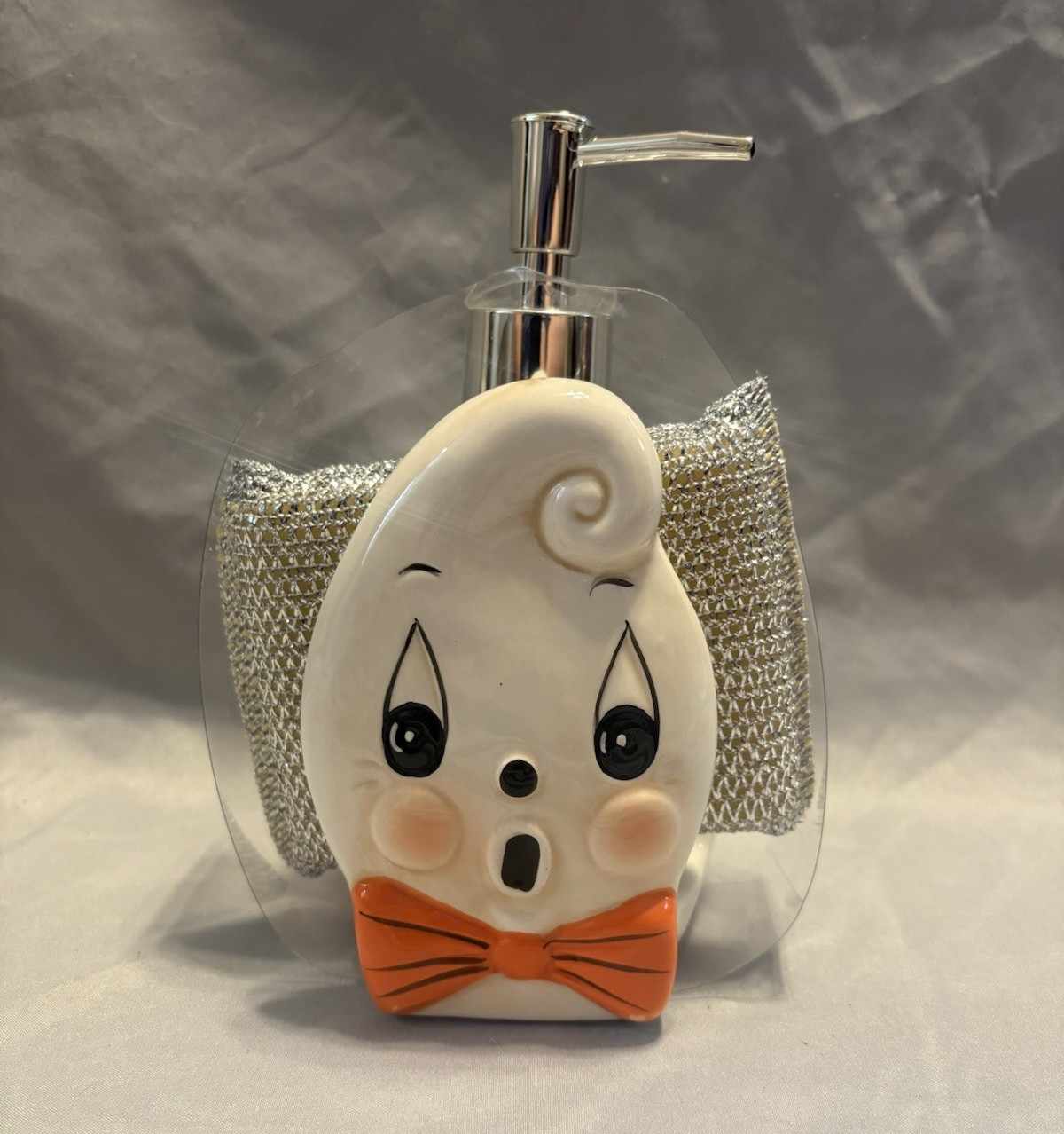 Transpac Halloween Ghost 2pc Soap Dispenser & Sponge Holder Set White/Orange