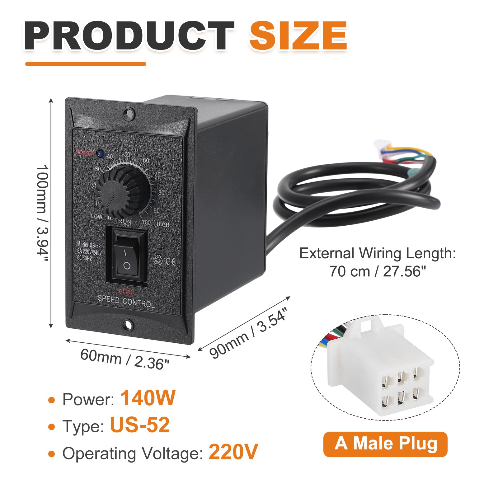 140W AC 220V Motor Speed Controller Forward Reverse with B Female Plug