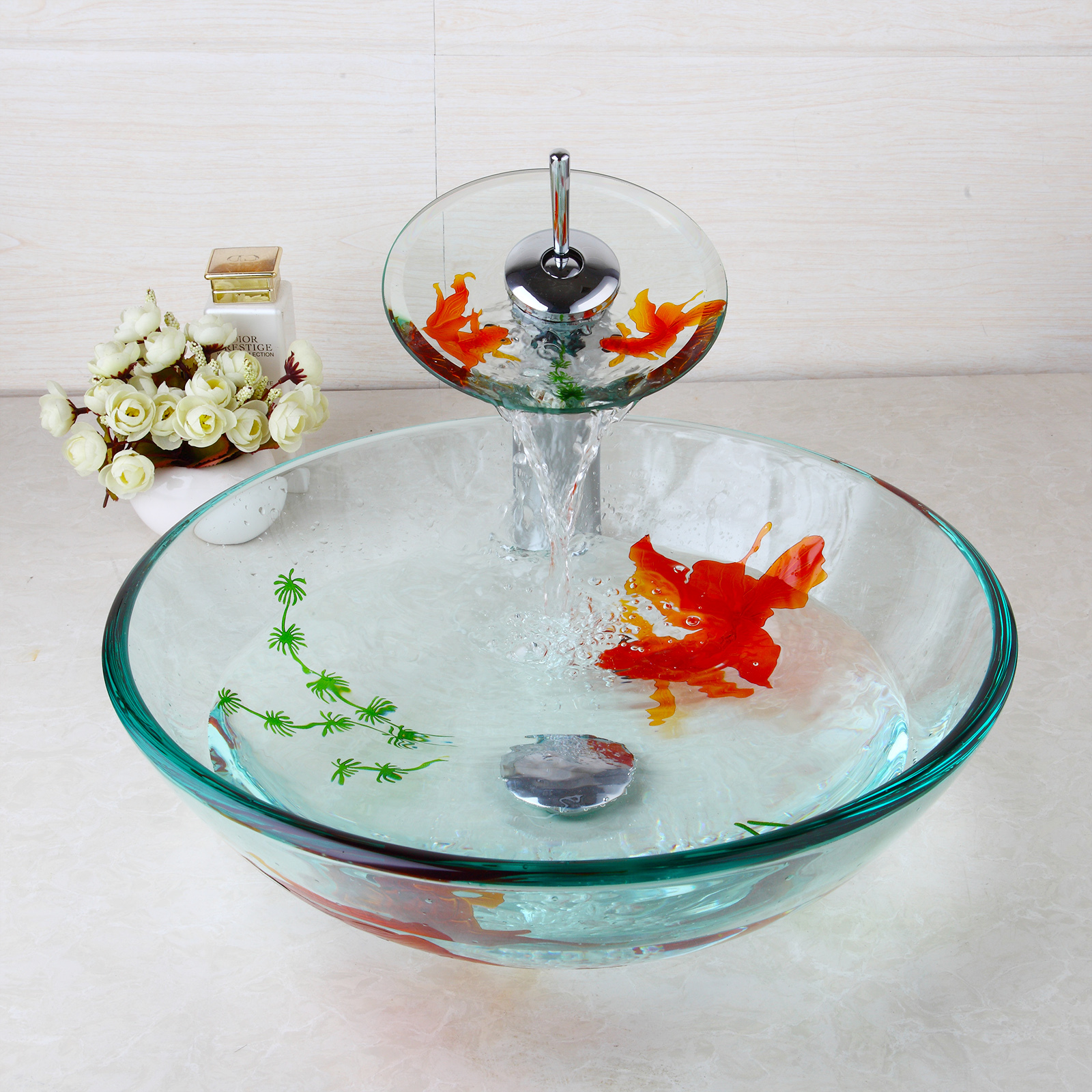 Bathroom Temperred Glass Golden Fish Painted Vessel Sink Faucet  Combo Sink Set