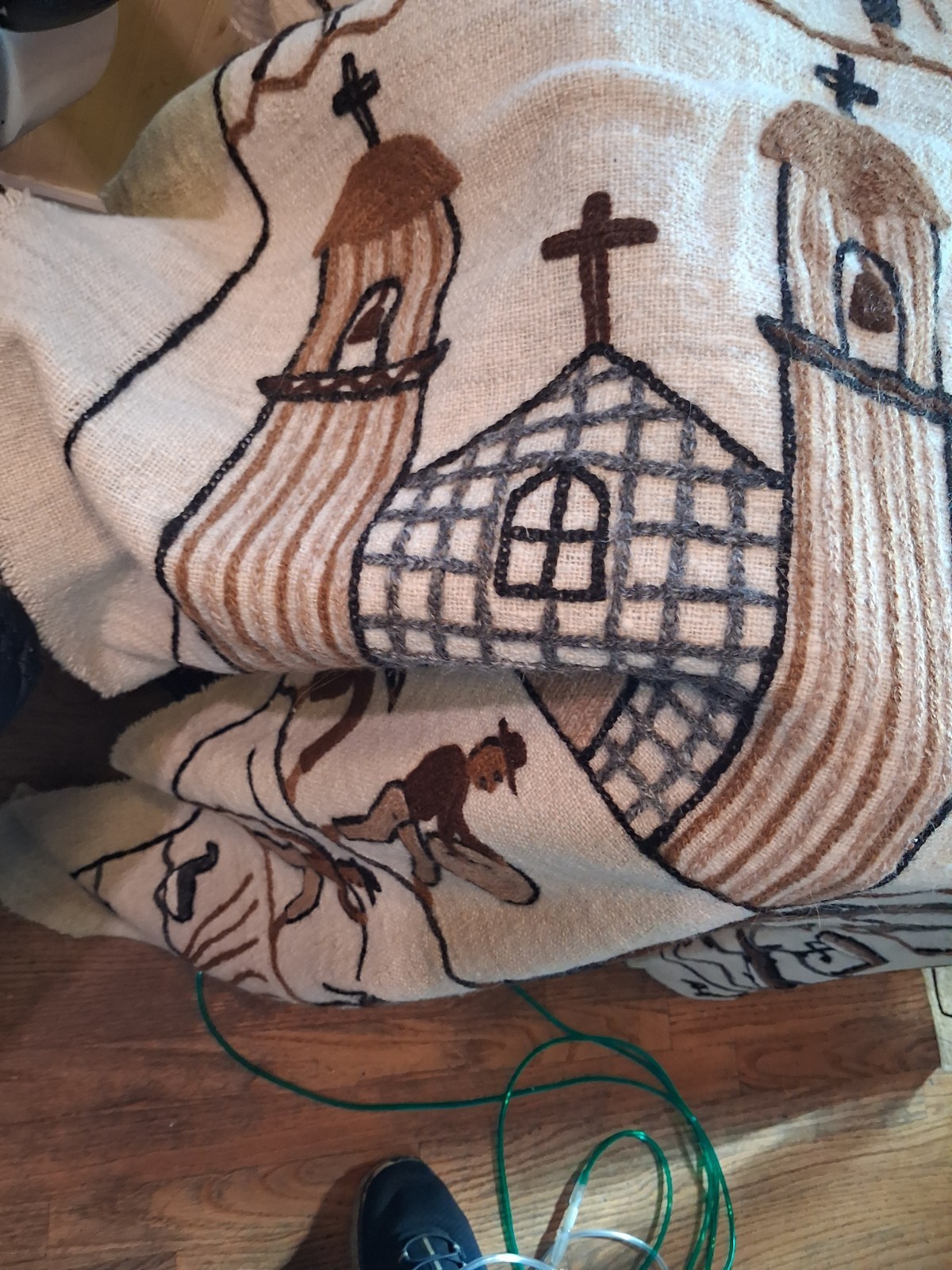 Vintage Peruvian Embroidered Textile Wall Hanging Folk Art Blanket 60" X 66"