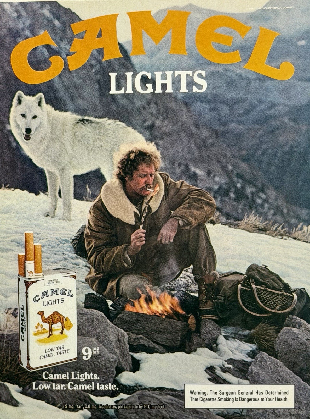Camel Lights Cigarettes 1984 Man Fire Mountains Wolf Original Preserved Print Ad