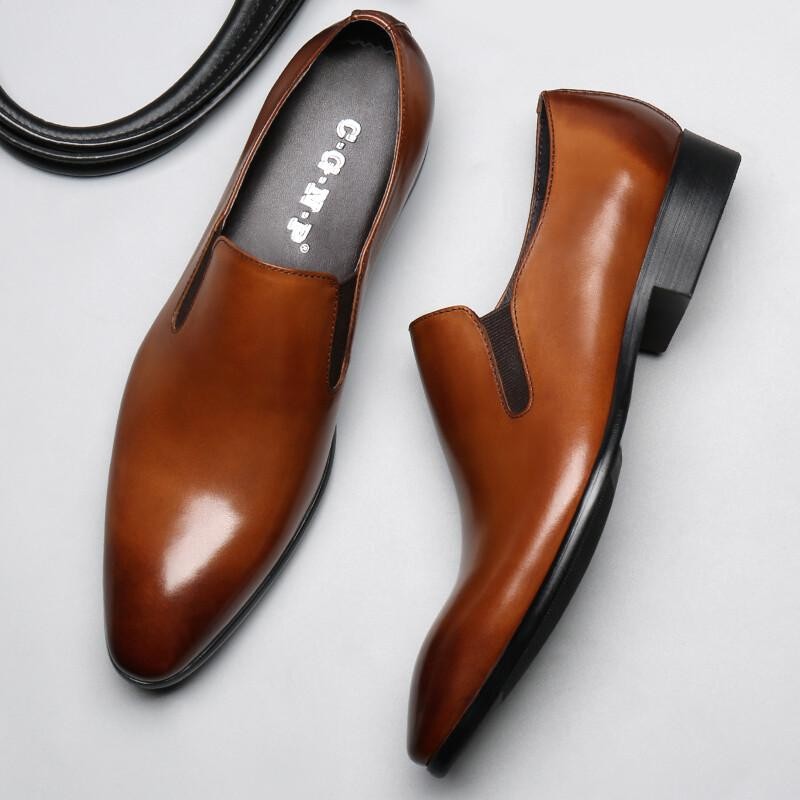 Men’s British Fashion Fall Slip On Leather Pointed Toe Dress Shoes Black/Yellow