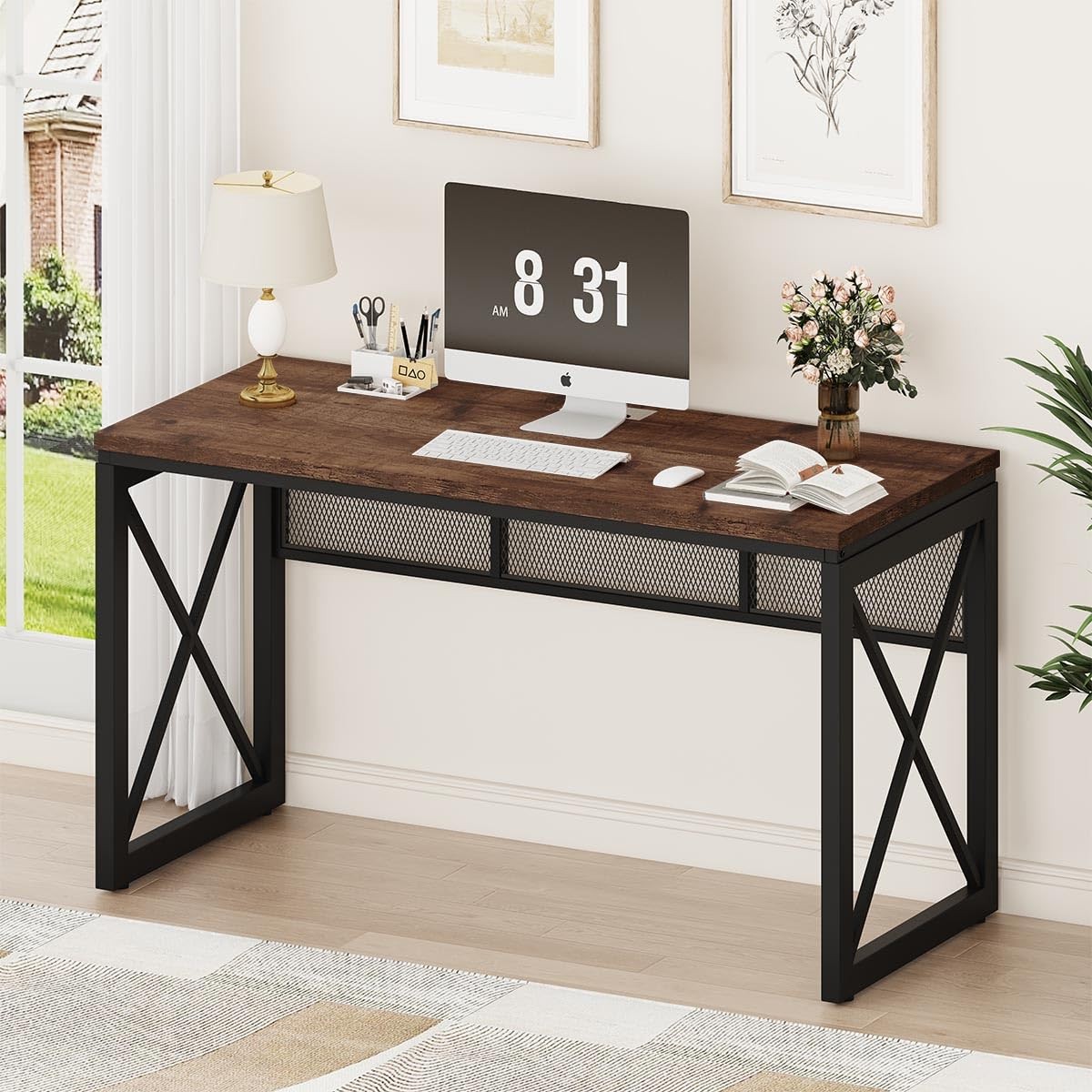 BON AUGURE Farmhouse Computer Desk, Modern Industrial Home 54"W, Rustic Oak