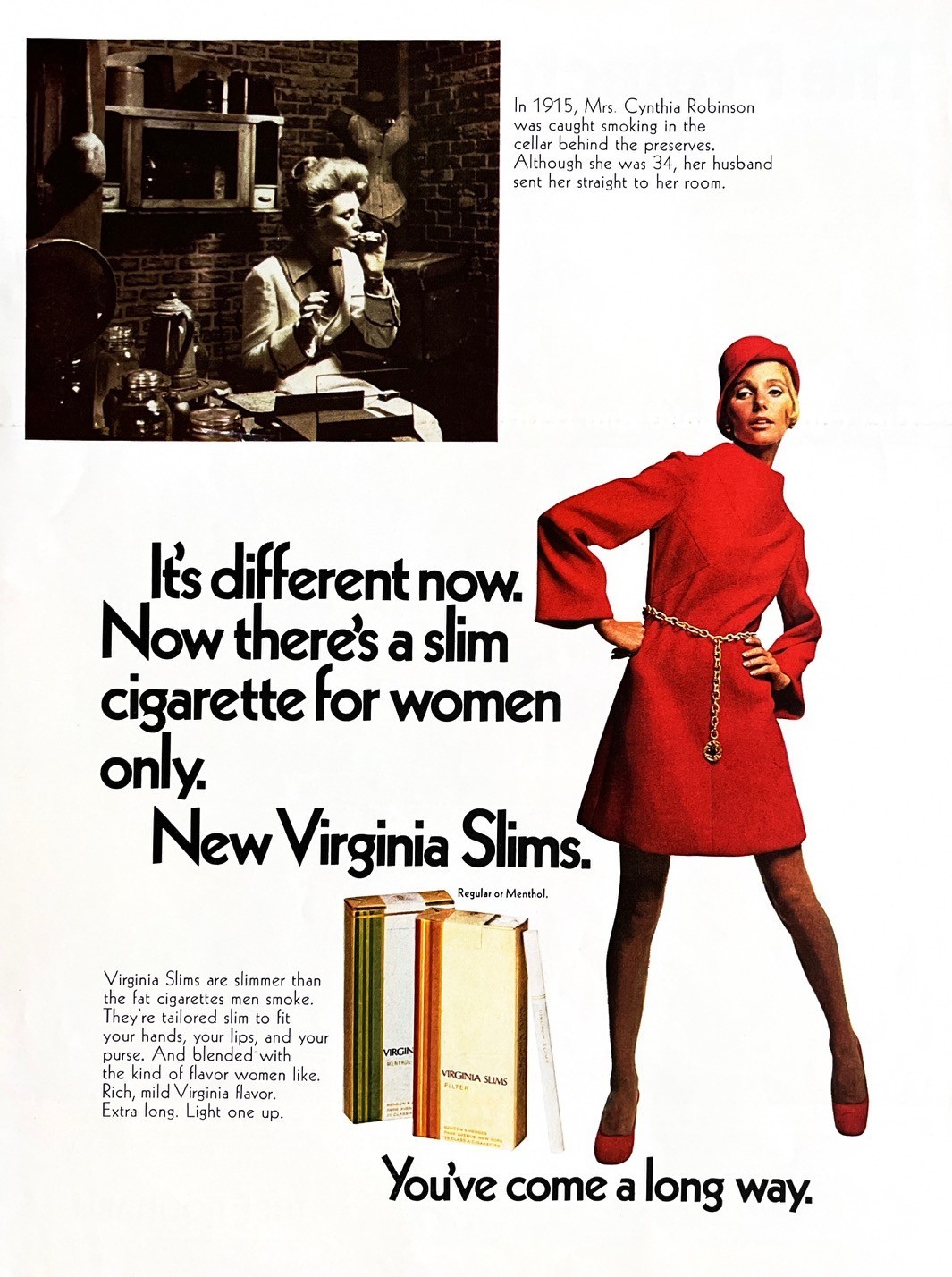 1968 VIRGINIA SLIMS Vintage Print Ad Cigarettes Come a Long Way Baby 10" x 13.5"