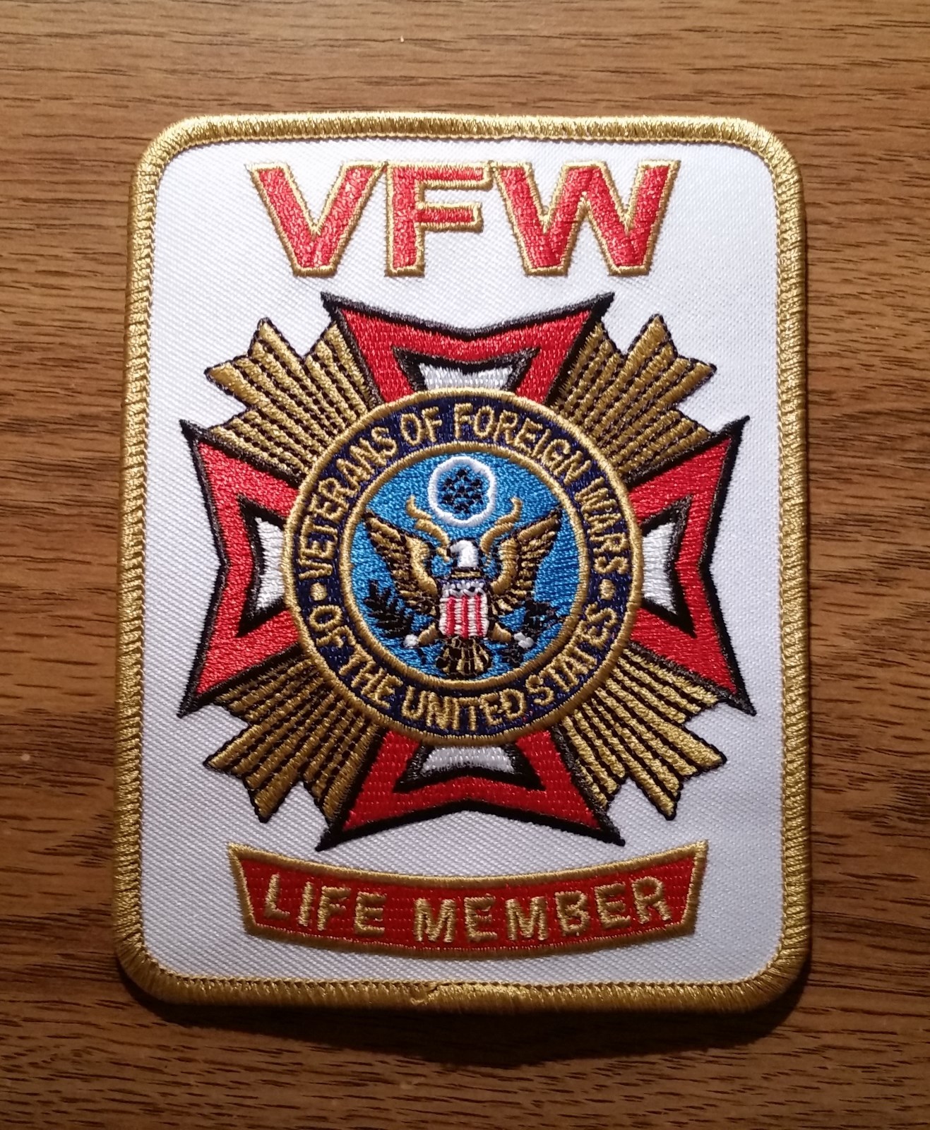 Veterans of Foreign Wars (VFW Life Member) Embroidered White Patch - New Style