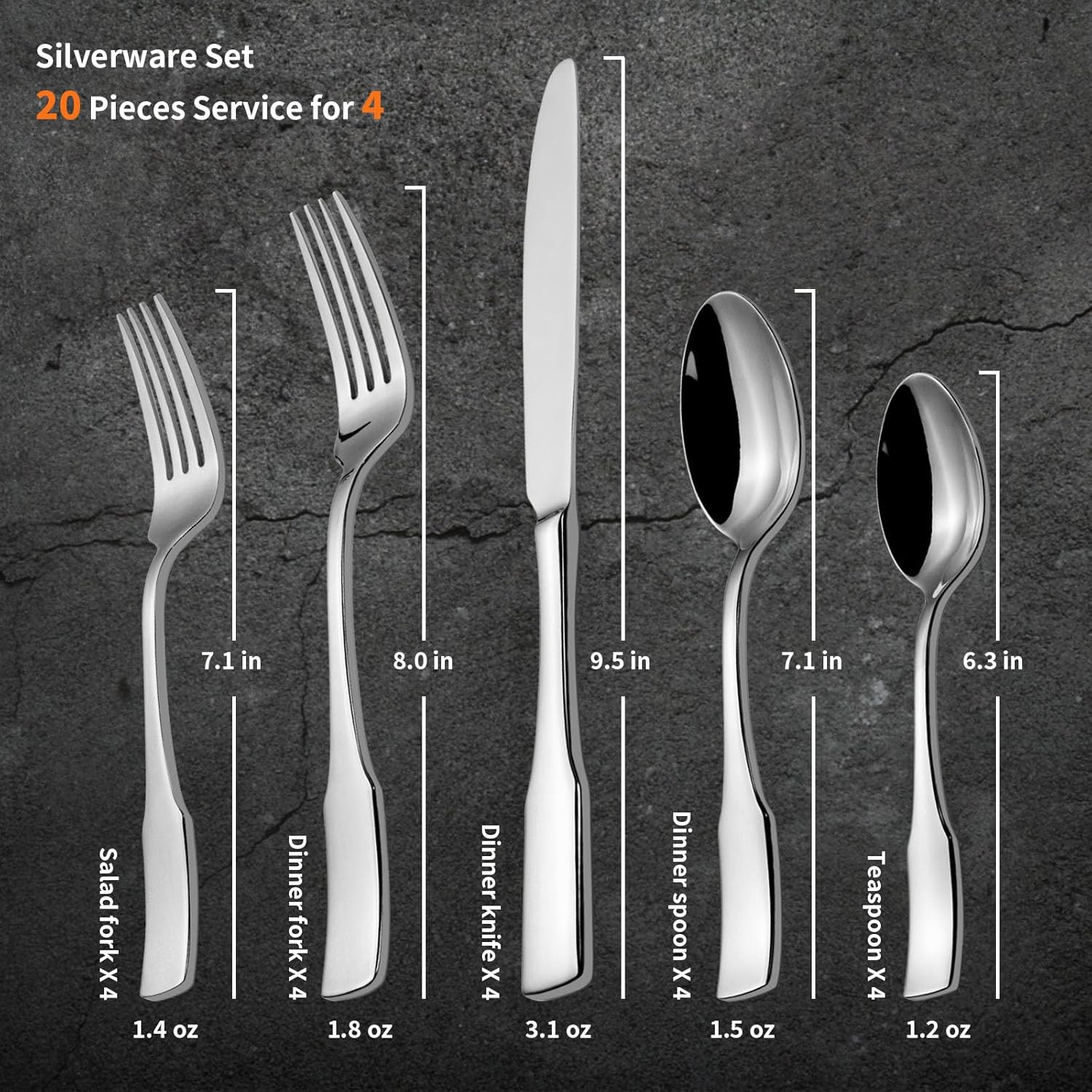 20 Piece Silverware Set for 4, Stainless Steel Flatware, Mirror Polished