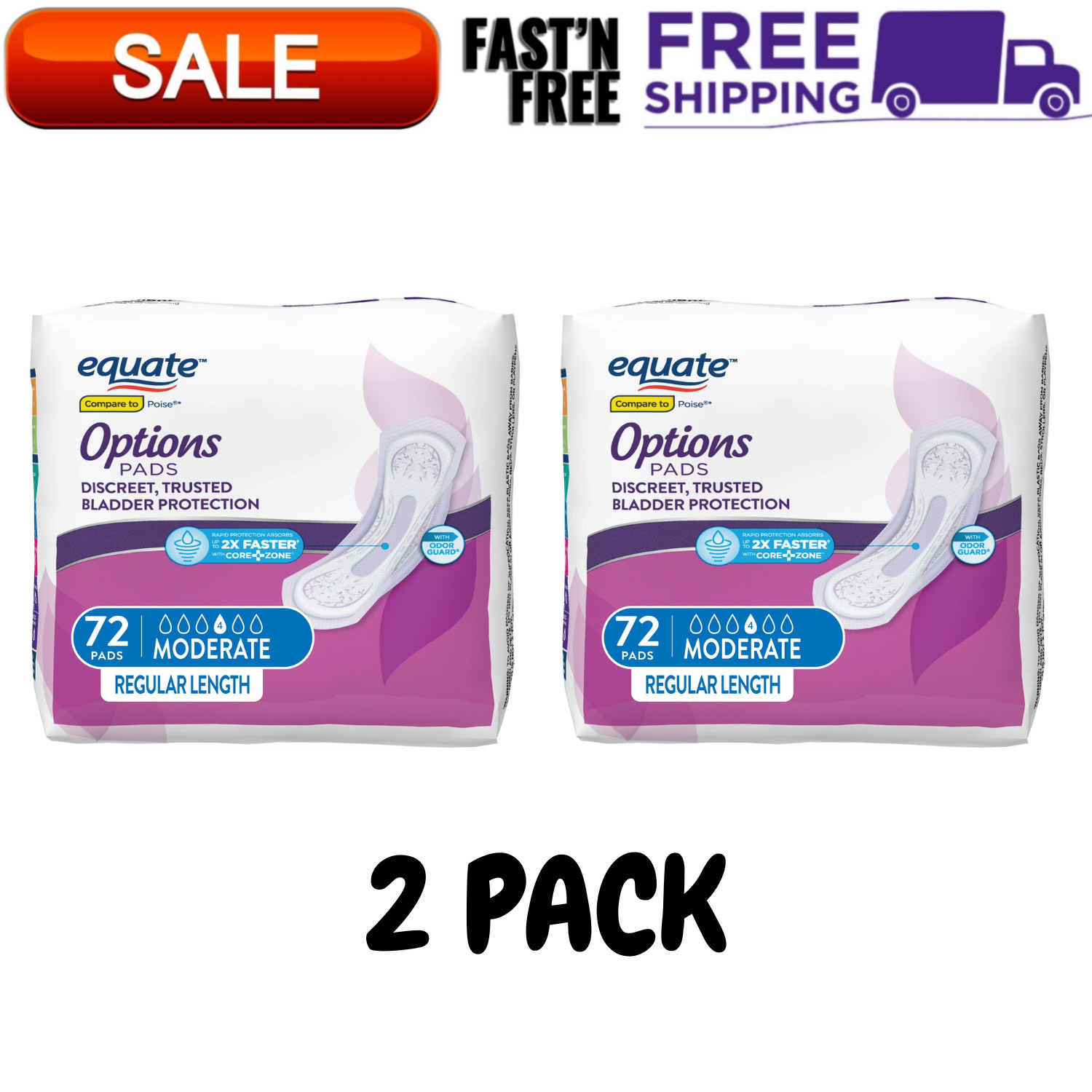 2 PK Equate Options Moderate-Heavy Incontinence Pads for Women, 72 Count, White