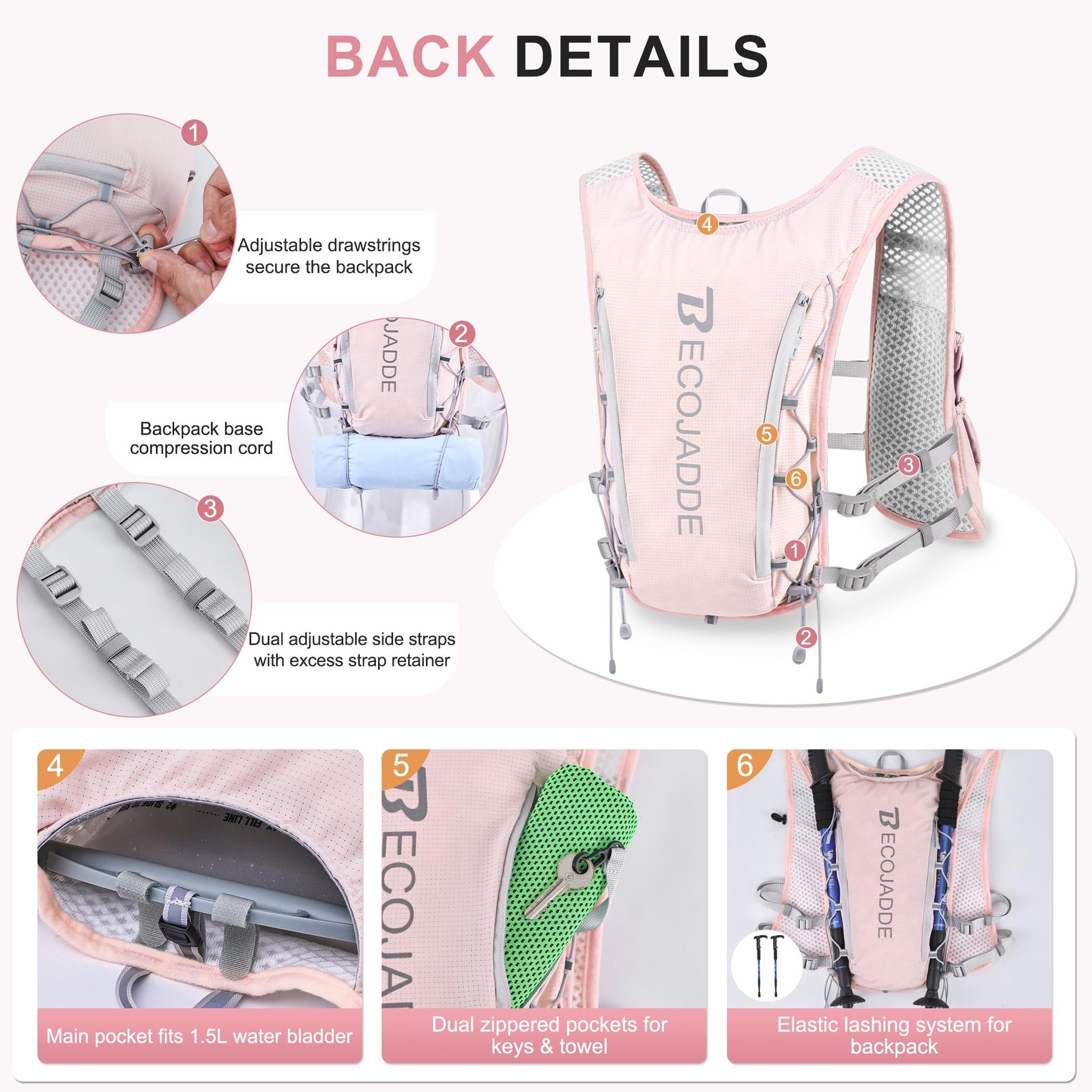 BECOJADDE Running Vest Hydration Backpack for Men Only 5L Vest, Pink