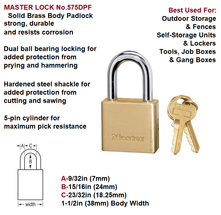 Master Lock, Solid Brass Body Padlock, Hardened steel shackle No.575DPF