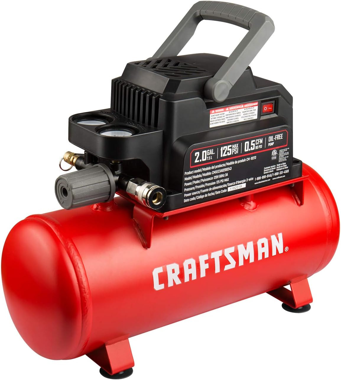 Craftsman Air Tools, 2 Gallon Portable Air Compressor 1/3 HP Oil-Free Max 125 PS