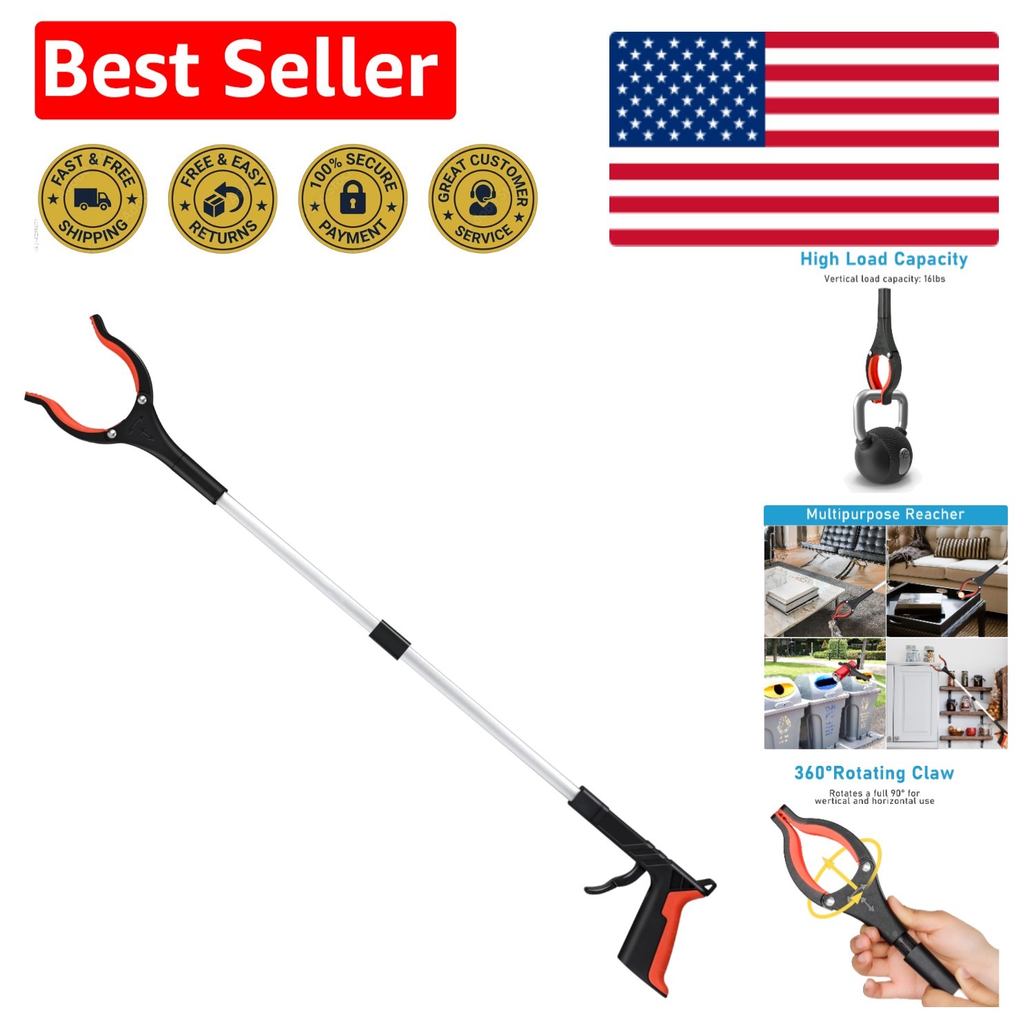 32-Inch Lightweight Grabber Reacher Tool - Ergonomic Trash Claw Picker in Orange