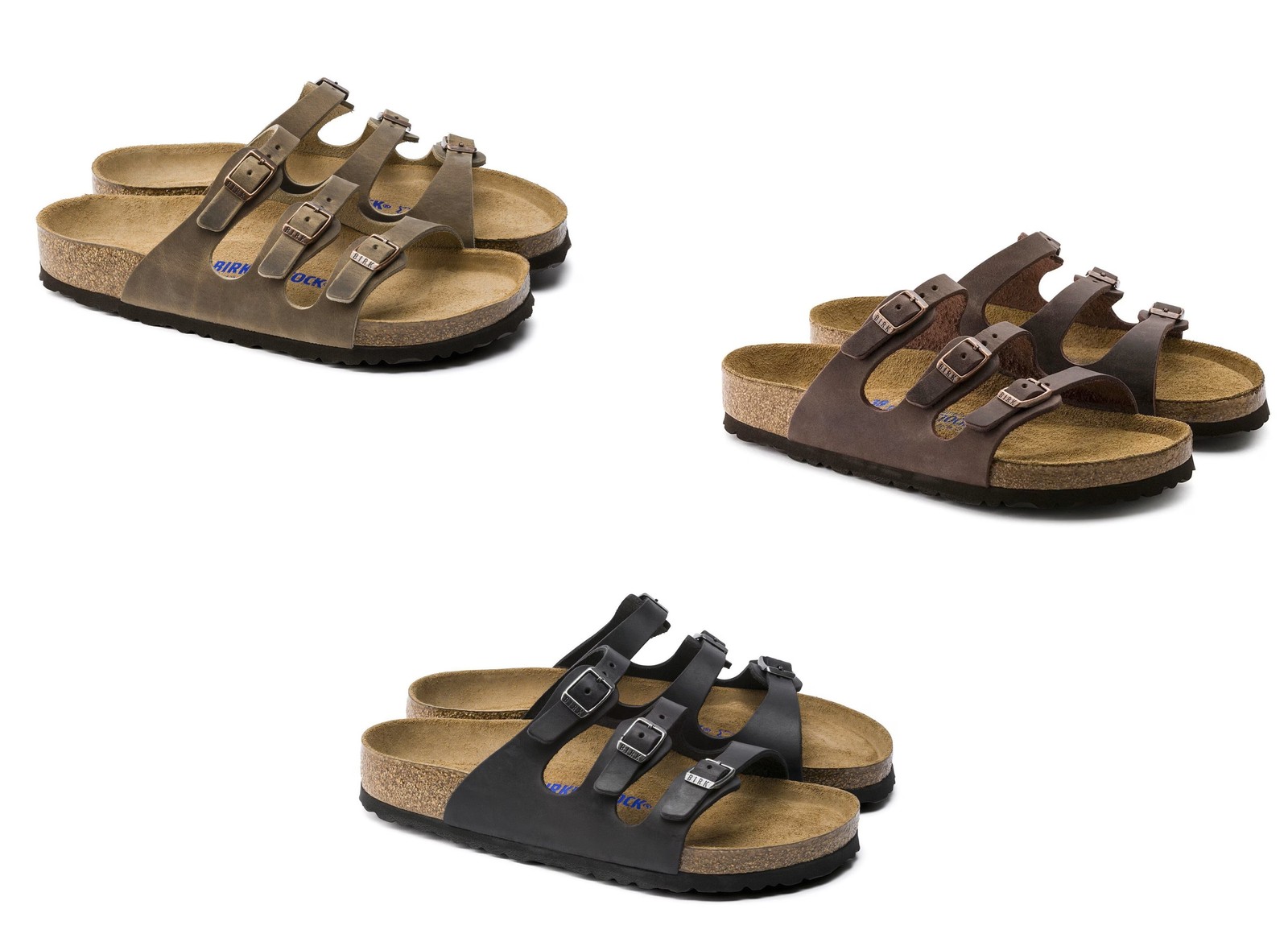 BIRKENSTOCK FLORIDA REGULAR/WIDE WIDTH LEATHER SLIDE SANDALS SOFT FOOTBED THREE