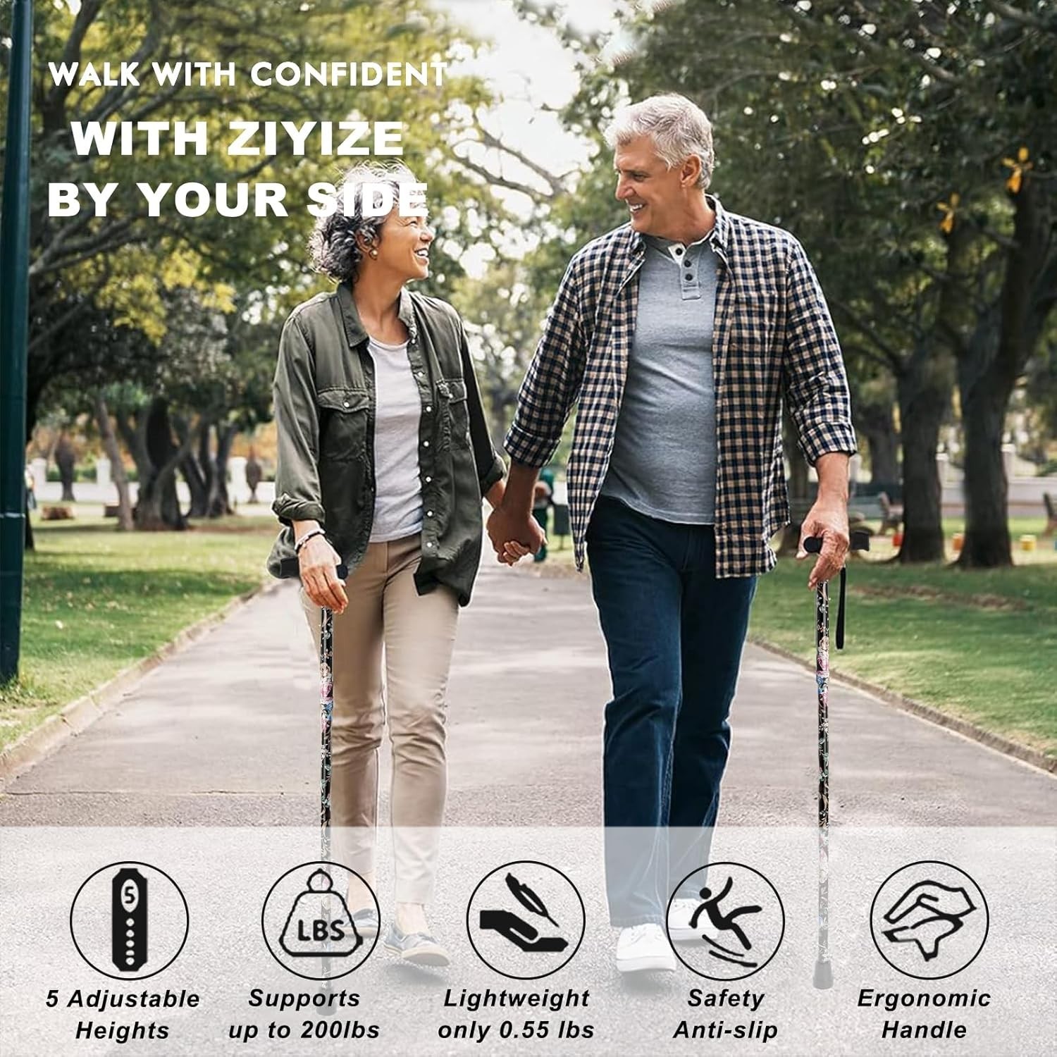 Comfortable 5-Level Height Adjustable Walking Cane - Effortless Mobility Support