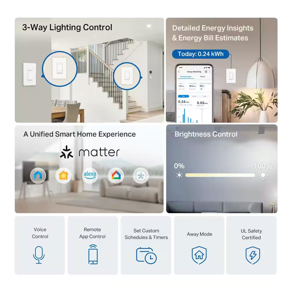 Smart Wi-Fi Light Switch, Dimmer, 3-Way KIT, White, 4-Pack