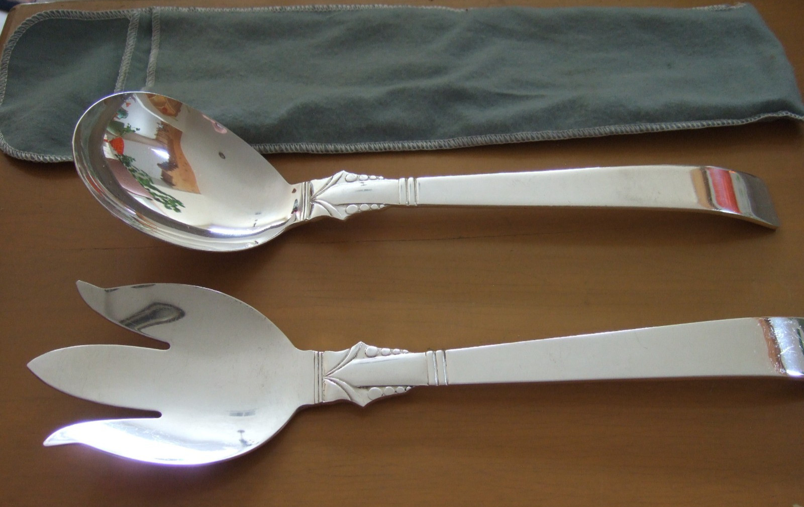 Vtg MCM Masterpiece Japan Silverplate Salad Serving 2-Pc Set 11.5" & Cloth Holde